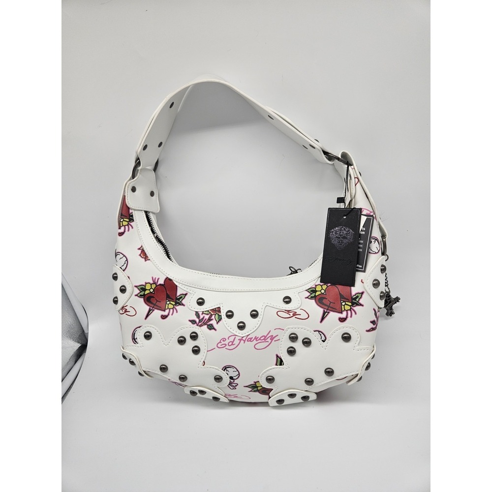 Ed Hardy Skull Rose Heart Print Purse Shoulder Bag‎ Y2K White Red Gunmetal NEW